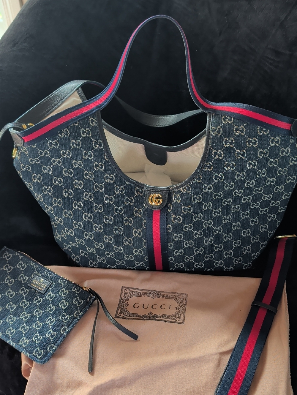 Gucci Navy GG Canvas Tote with Red-Blue Stripe